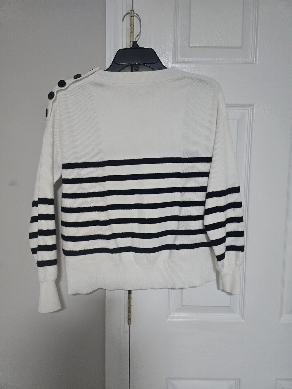 For The Republic Cream and Navy Striped Crewneck Sweater with Shoulder Buttons - Picture 8 of 11